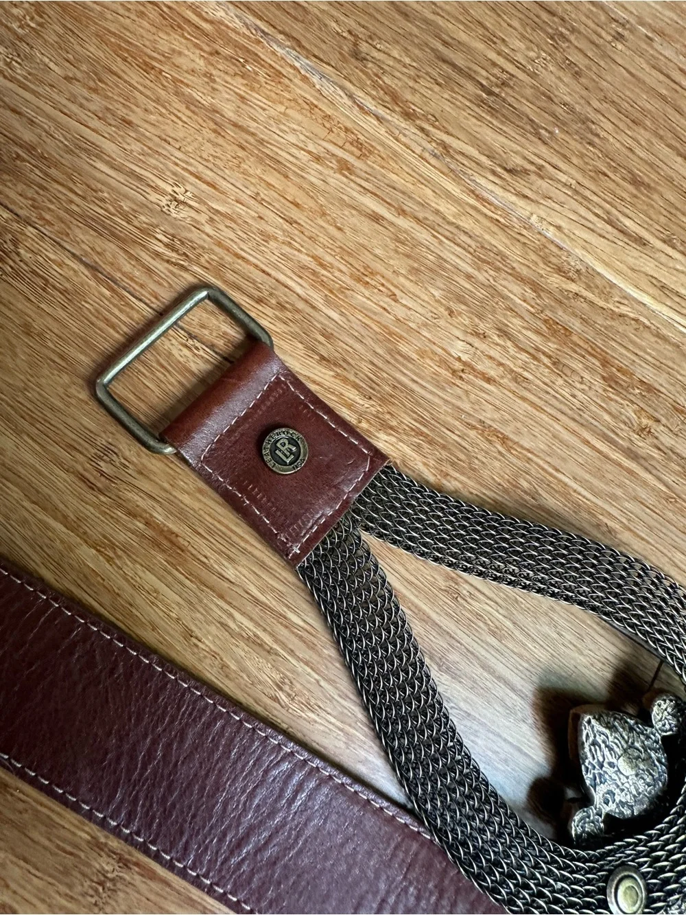 LEATHER ROCK Women M Statement Western Boho Brown Leather Belt Stone Accent